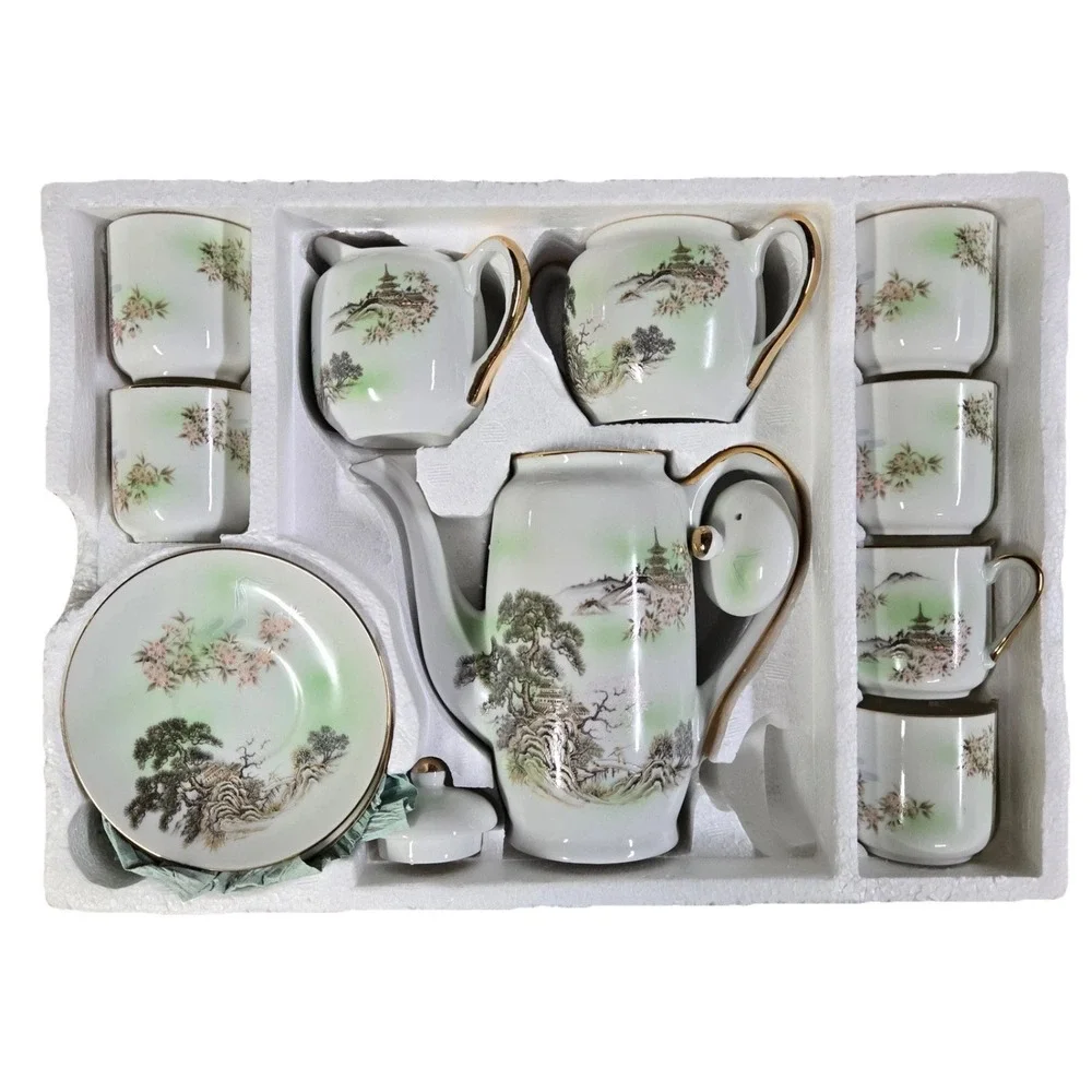 Spring Kutani Lithophane Demitasse 17pc set Cofee Pot creamer & 6 cups & saucers